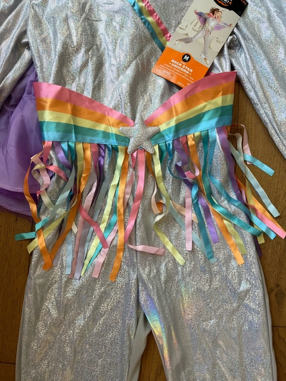 Rainbow Rockstar Unicorn Costume girls Size Medium - Silver 3 pc Jumpsuit Cape